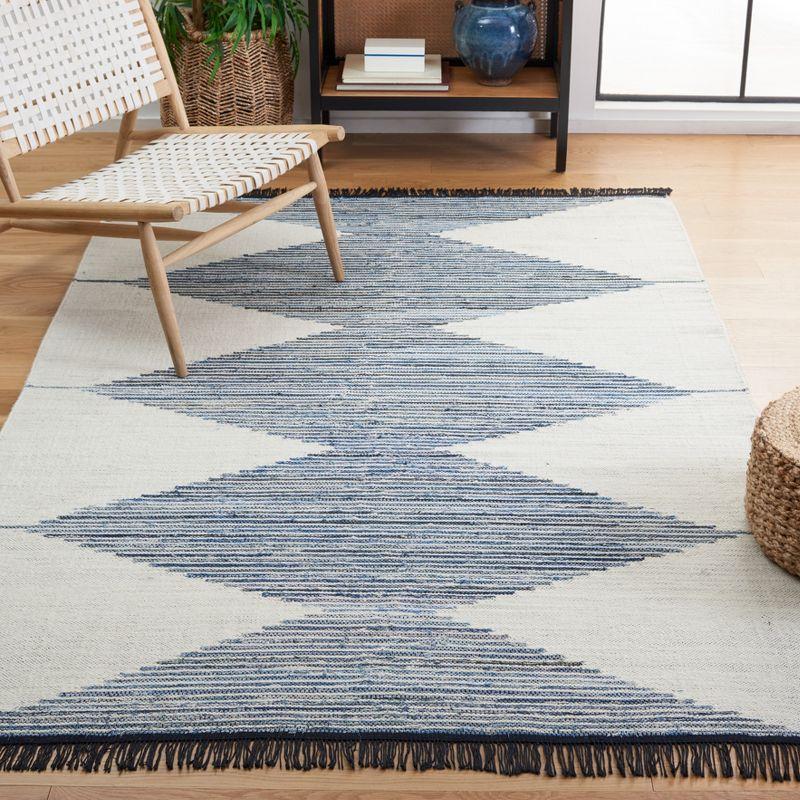 Ivory and Blue Handwoven Wool Cotton Kilim Area Rug