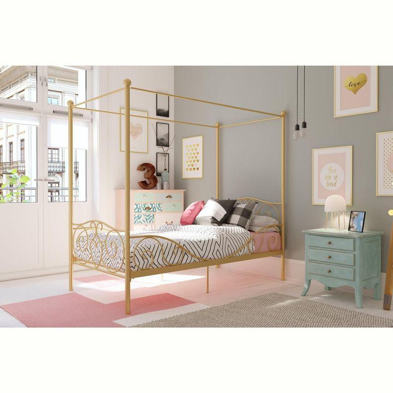 Gold Twin Metal Canopy Bed with Heart Scroll Design