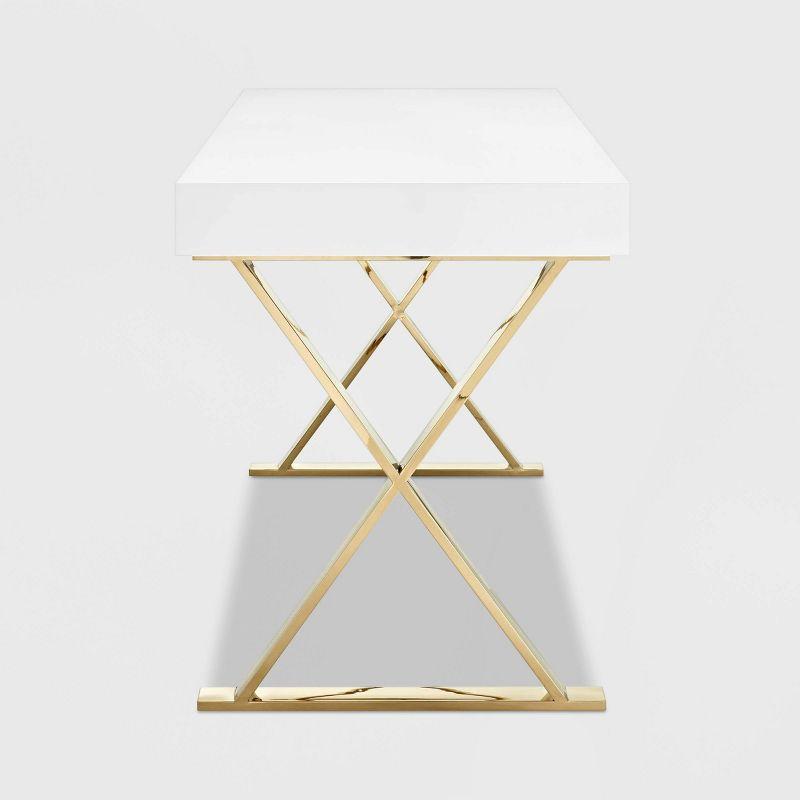 White and Gold X-Base Writing Desk with Drawer