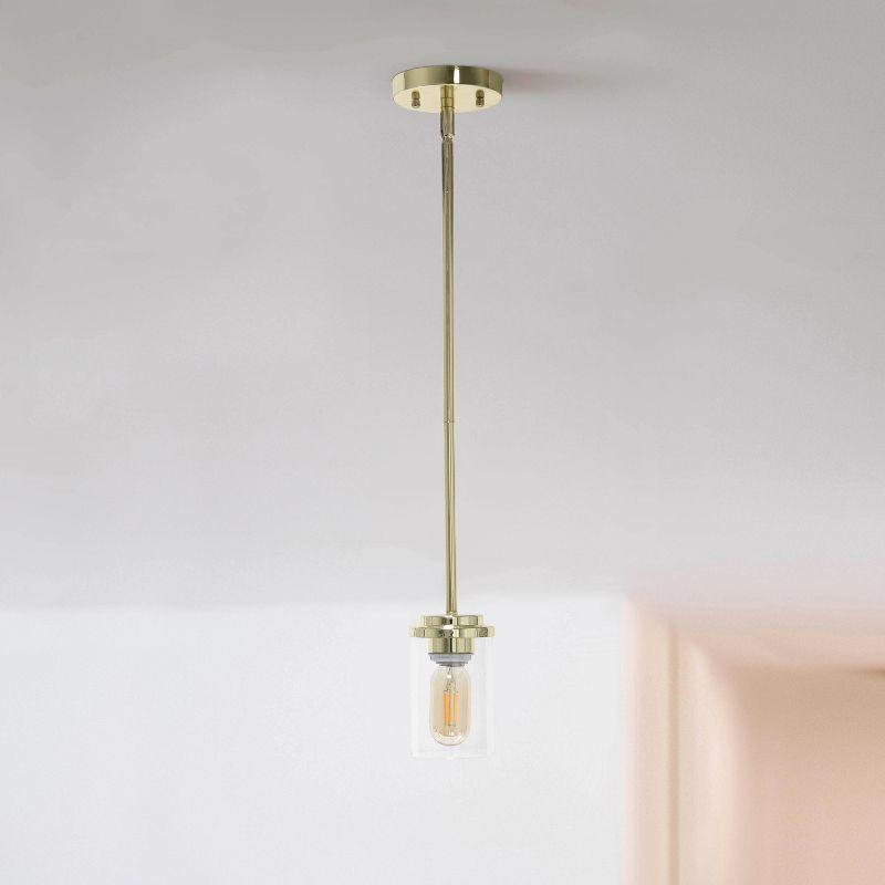 1-Light 5.75" Minimalist Industrial Farmhouse Adjustable Hanging Clear Cylinder Glass Pendant Gold - Lalia Home: UL Listed, Metal Body