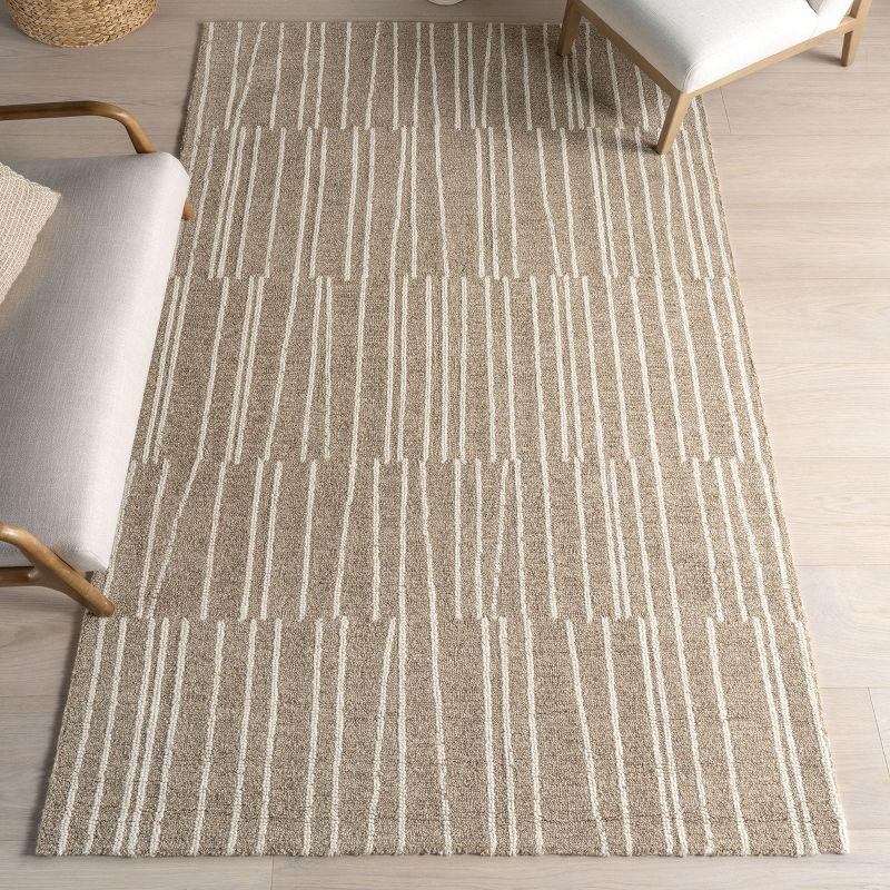 Beige and White Striped Wool 4' x 6' Area Rug