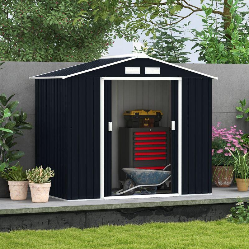 Outsunny 7' x 4' Metal Storage Shed Organizer, Garden Tool House with 4 Vents and 2 Sliding Doors for Backyard, Patio, Garage, Lawn, Dark Gray