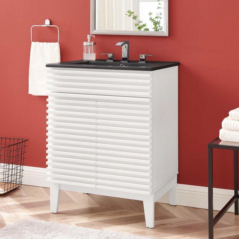 Modway 24 Inch Modern White Black Wood Bathroom Vanity with Sink and Floor Cabinet