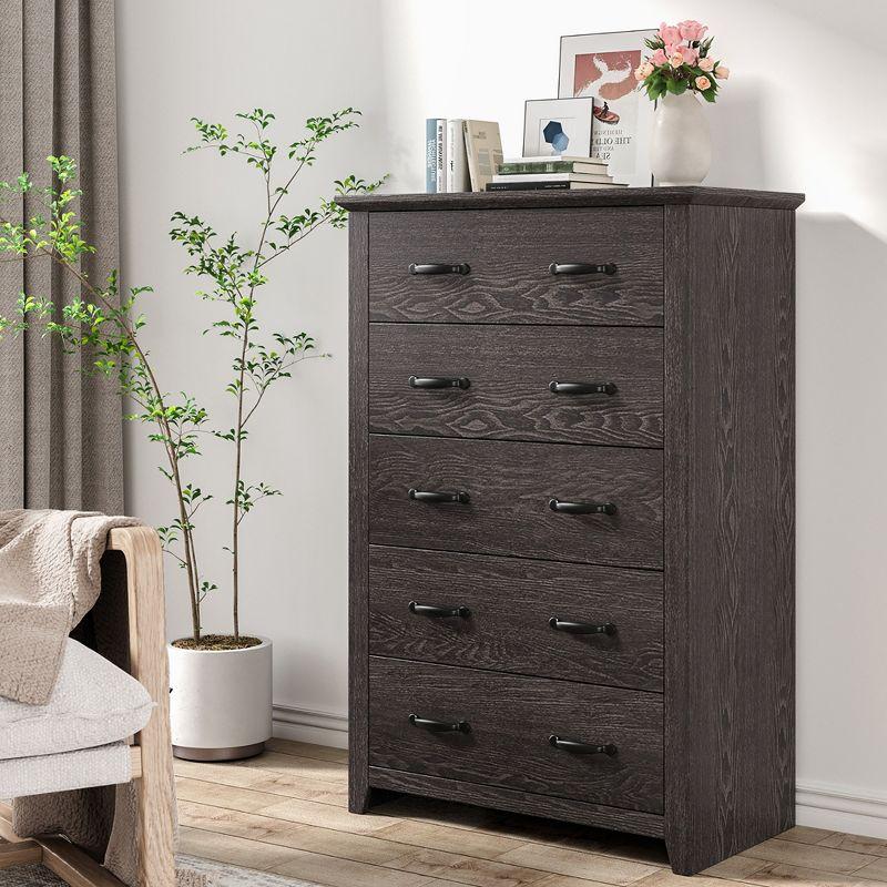 Costway 5 Drawer Chest Storage Dresser Tall Cabinet Organizer Bedroom Hallway Dark Grey/Walnut