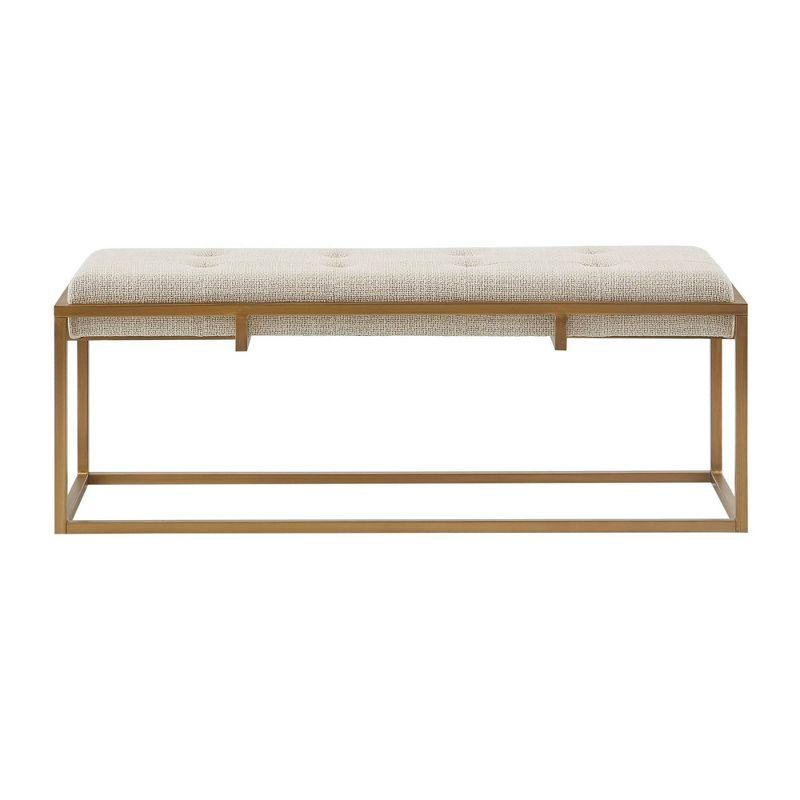 Mid-Century Beige Upholstered Bench with Antique Bronze Metal Frame