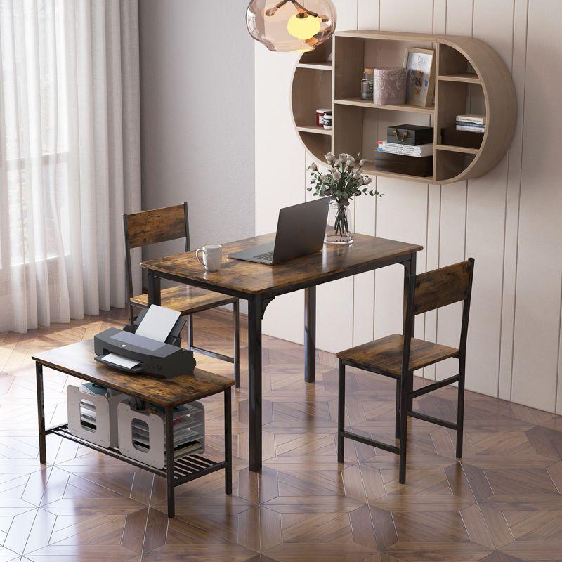 Rustic Brown MDF and Metal Dining Table Set with Bench and 2 Chairs