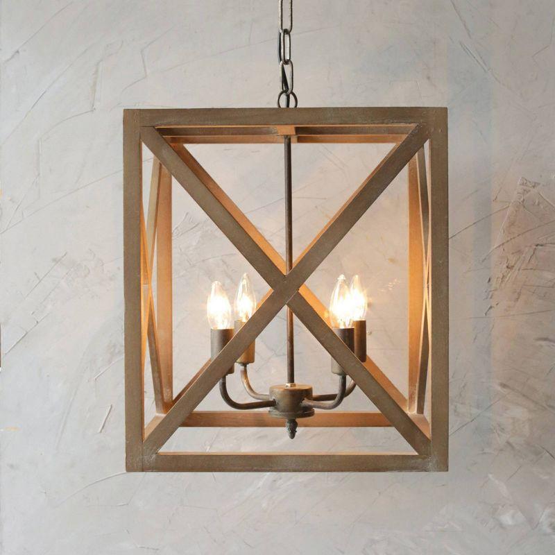 Metal/Wood Chandelier Natural Brown - Storied Home: 4-Bulb Farmhouse Style, UL Listed