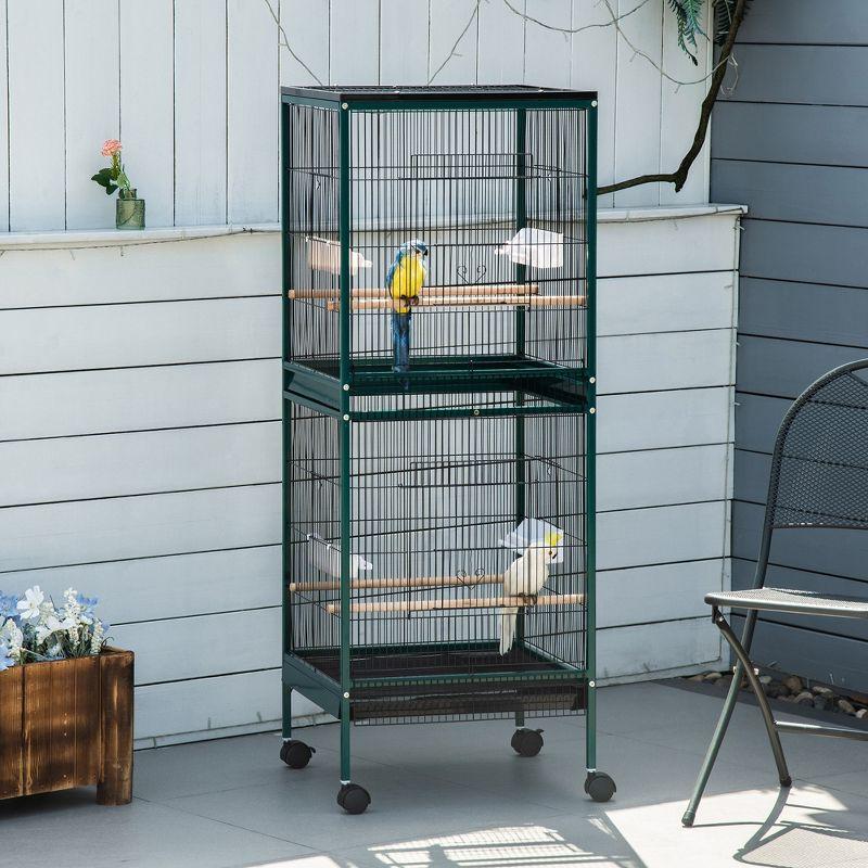 PawHut 55" 2 In 1 Bird Cage Aviary Parakeet House for finches, budgies with Wheels, Slide-out Trays, Wood Perch, Food Containers