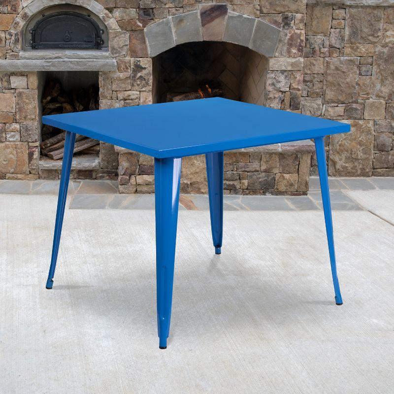 35.5" Square Blue Metal Indoor-Outdoor Bar Table