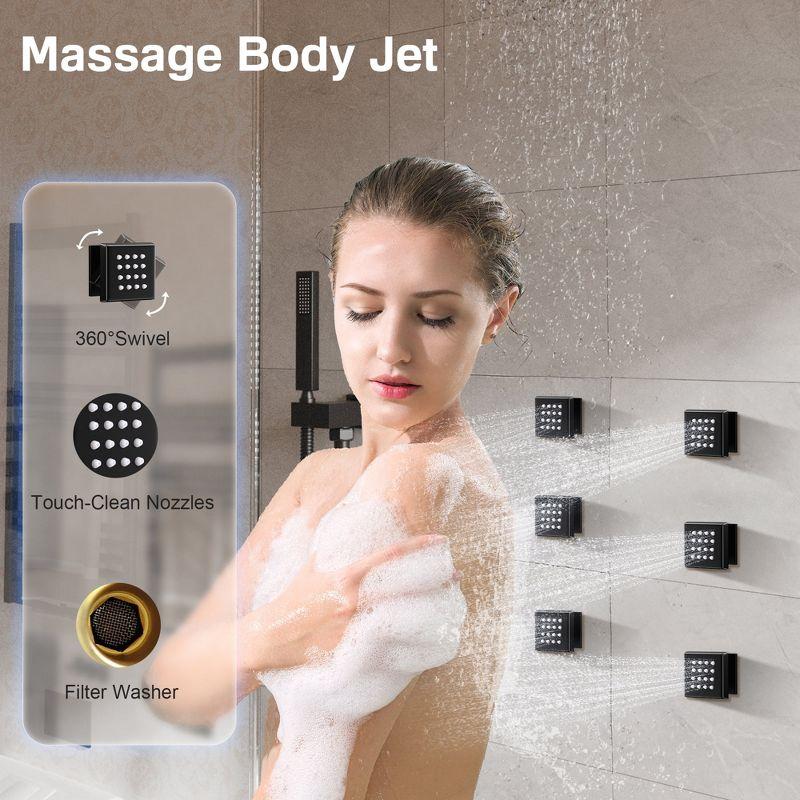 3-Function LED Light Thermostatic Rainfall Shower System with 6 Body Jets and Rough-in Valve