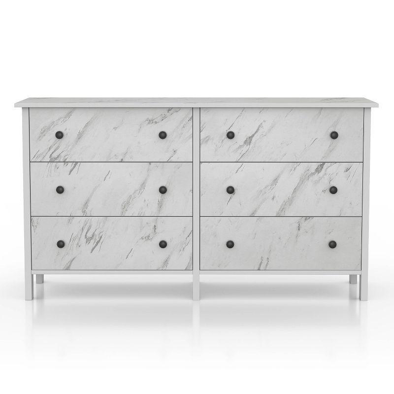 Fichte Transitional 6 Drawer Faux Marble Dresser White Marble - miBasics: Bedroom Storage, Elegant Design