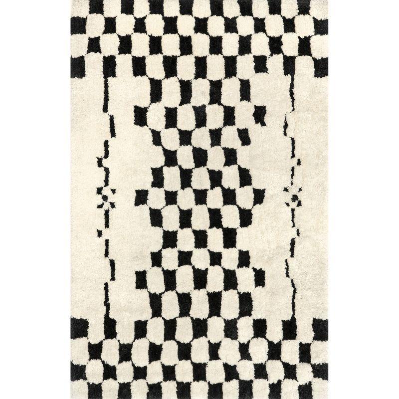 Ivory and Black Checkered Shag Synthetic Area Rug