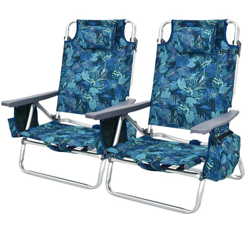 Costway 4-Pack Folding Backpack Beach Chair 5-Position Outdoor Reclining Chairs with Pillow Dark Blue