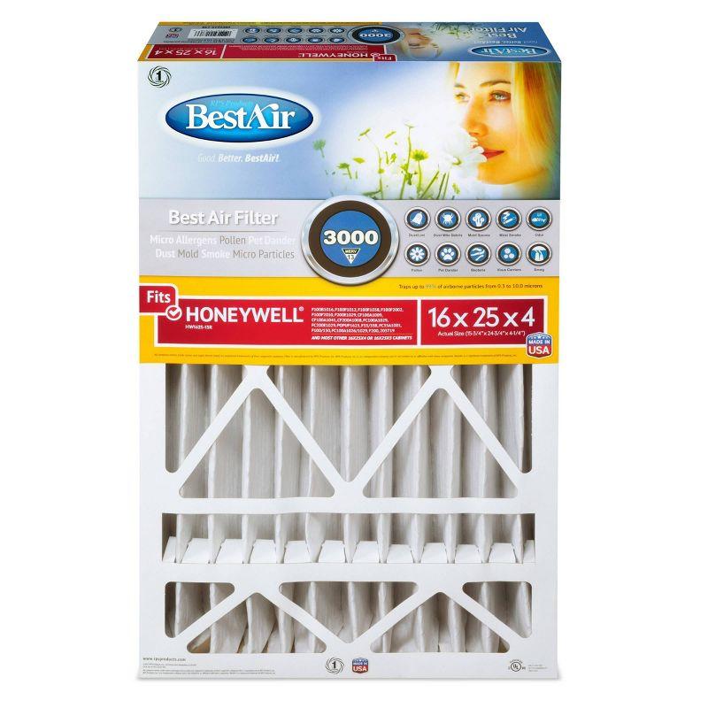 BestAir 3pk 16" x 25" x 4" Honeywell Replacement Air Furnace Filter MERV 13: 4 Inch Electrostatic, EPA Certified