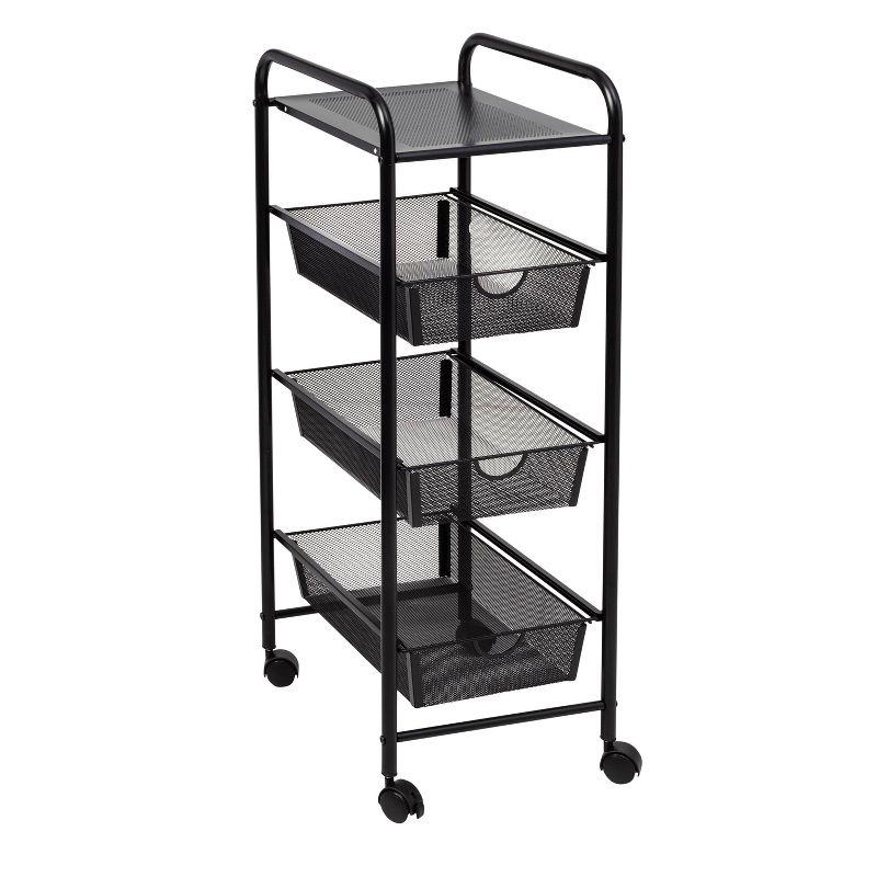 Black Metal 3-Drawer Rolling Storage Cart with Mesh Drawers