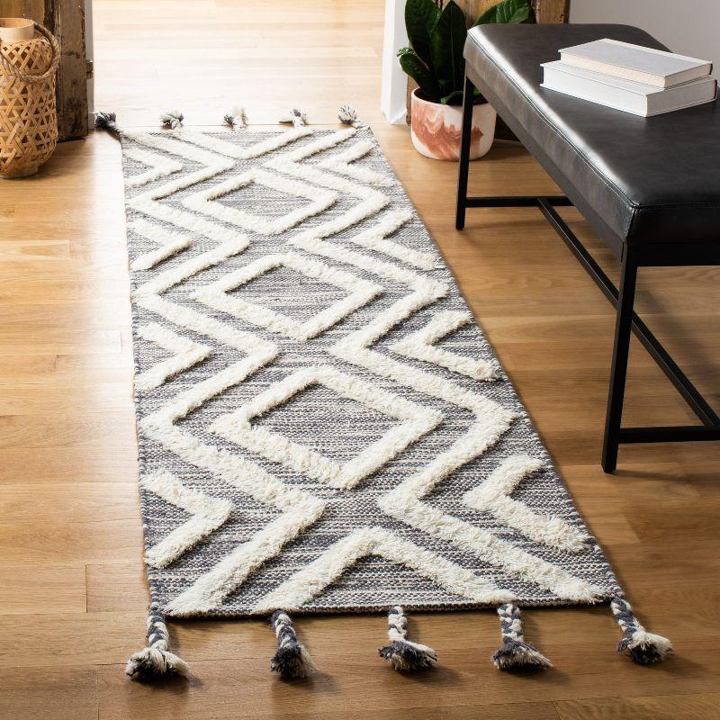 Elevated Tribal Artistry Hand-Knotted Grey/Ivory Wool Runner Rug