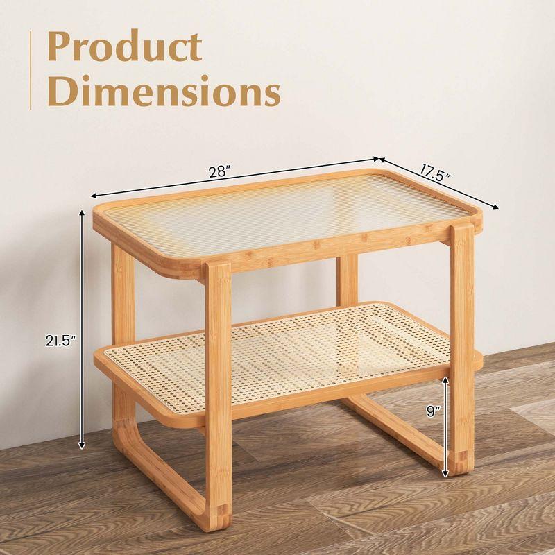 Costway 2 PCS Bamboo Side Table Rattan Shelf Glass Top Nightstand Small Sofa End Table