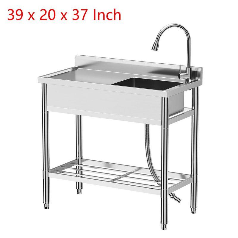 Stainless Steel Single Bowl Kitchen Prep and Utility Sink With Worktop Faucet 39x20x37 inch