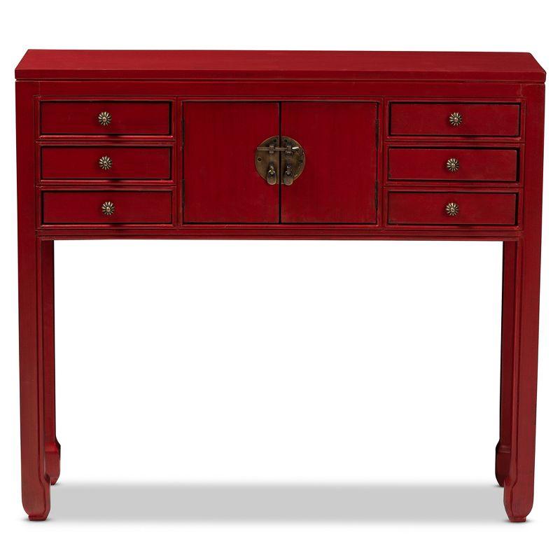 Melodie 6 Drawer Console Table Red - Baxton Studio: Antique-Inspired, Bayur Wood, Bronze Handles