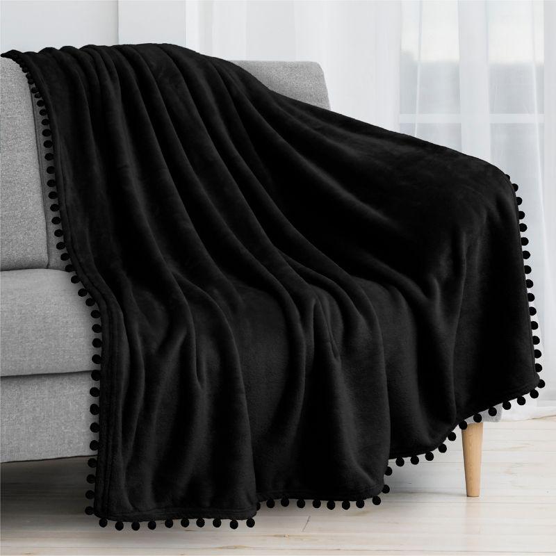 PAVILIA Fleece Pom Pom Blanket Throw for Sofa Bed, Soft Lightweight Pompom Fringe Blanket for Couch