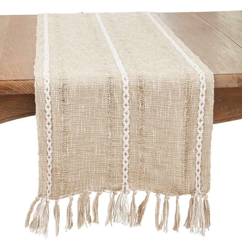 Beige Cotton Striped Table Runner with Decorative Fringe