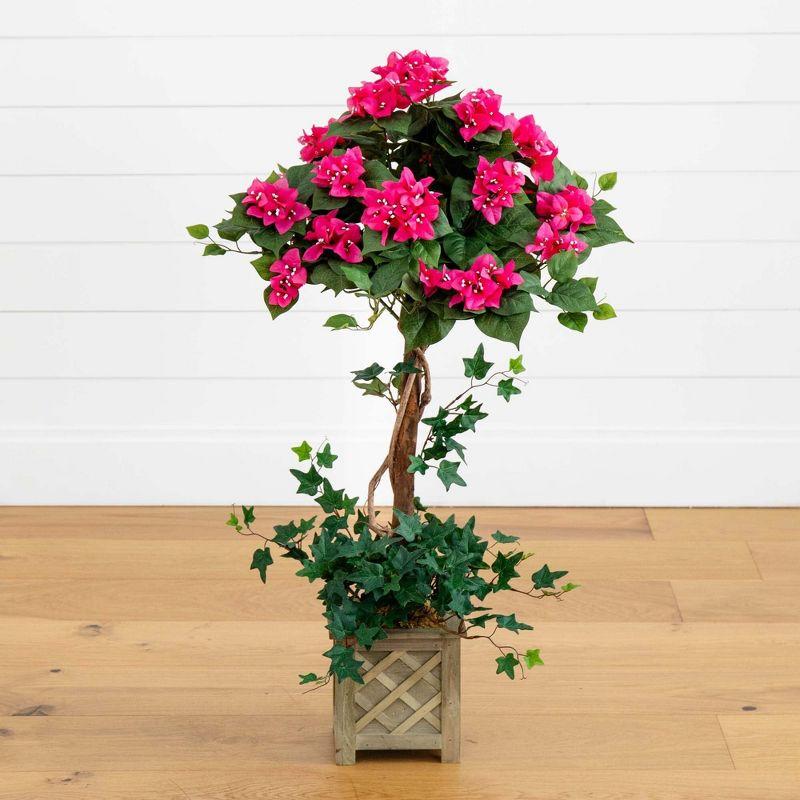 Nearly Natural 34-in Artificial Bougainvillea Topiary with Wood Box