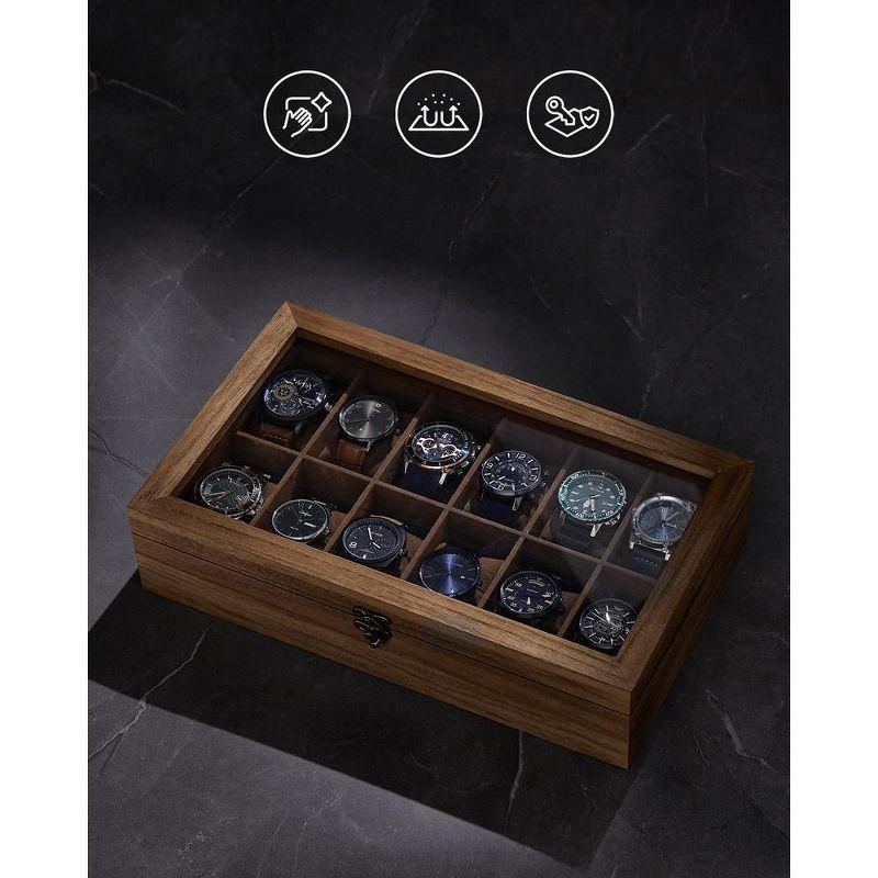 SONGMICS Watch Box 12-Slot Watch Case Organizer Solid Wood Watch Display Case with Removable Pillows Rustic Walnut
