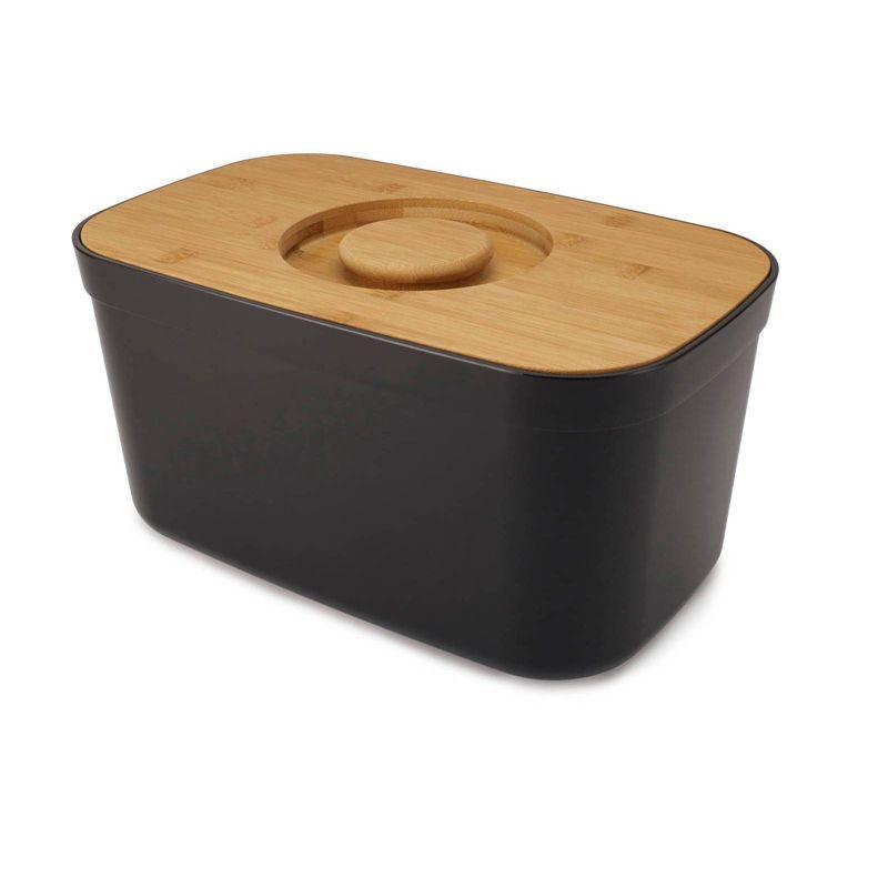 Black Rectangular Bread Bin with Bamboo Cutting Board Lid