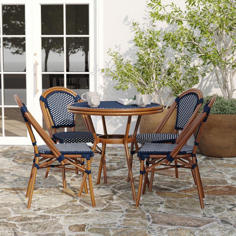 Merrick Lane Sacha Bistro Style Table with Glass Top, Navy & White PE Rattan, 2 Stack Chairs, and Bamboo Finished Metal Frame for Indoor/Outdoor Use