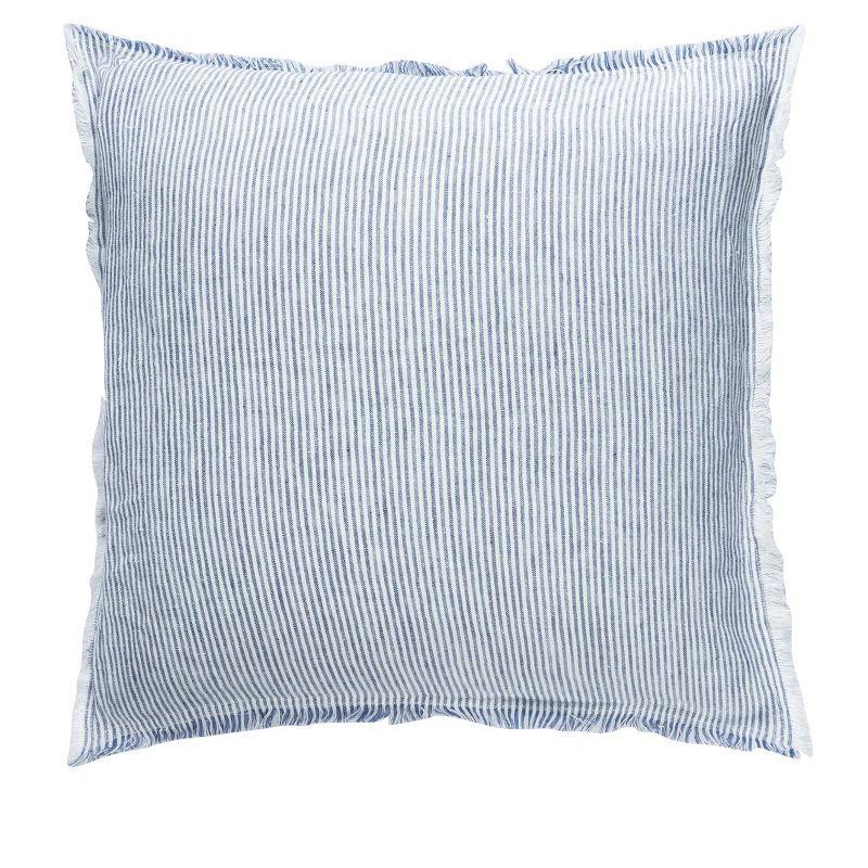 Blue Pinstripe Fringe Linen Pillow 26x26 Down Alternative Insert