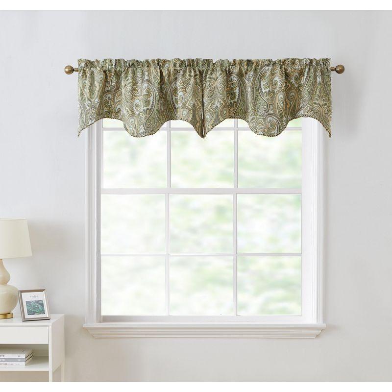 HLC.ME Paris Paisley Rod Pocket Short Scalloped Curtain Valance Basement, Bathroom, Kitchen and Small Windows - Sage Green, 50 W x 20 L