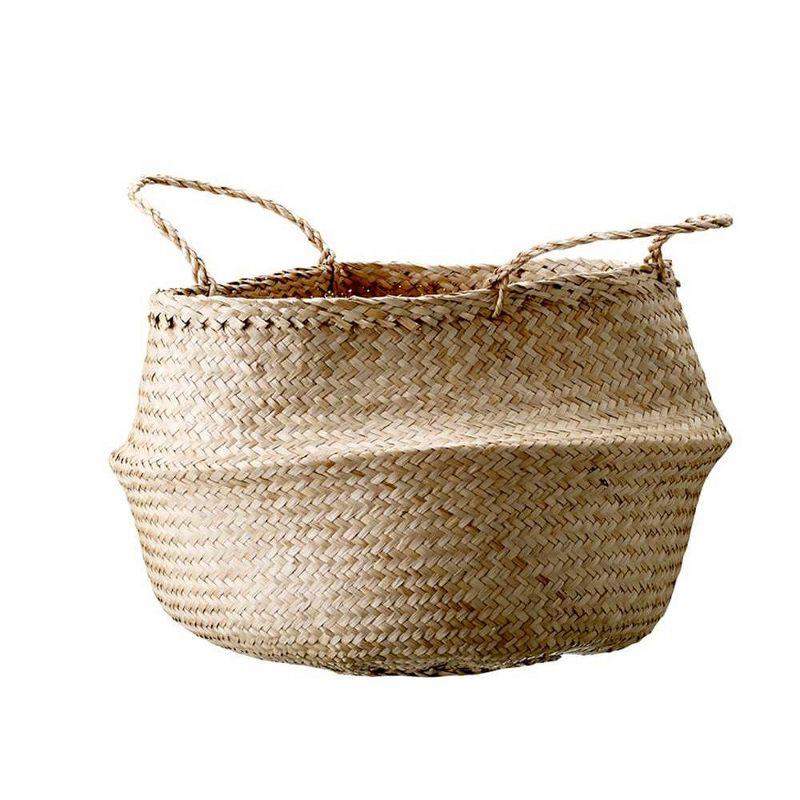 Natural Seagrass Round Collapsible Storage Basket with Handles