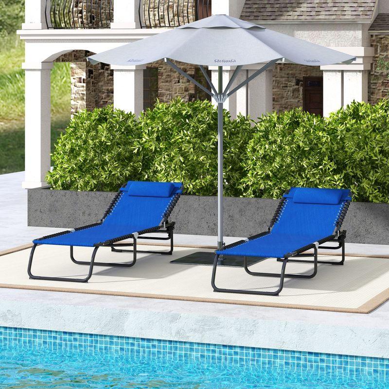 2 Folding Chaise Lounge Pool Chairs with 4-Position Reclining Back, Pillow, Breathable Mesh & Bungee Seat, Blue