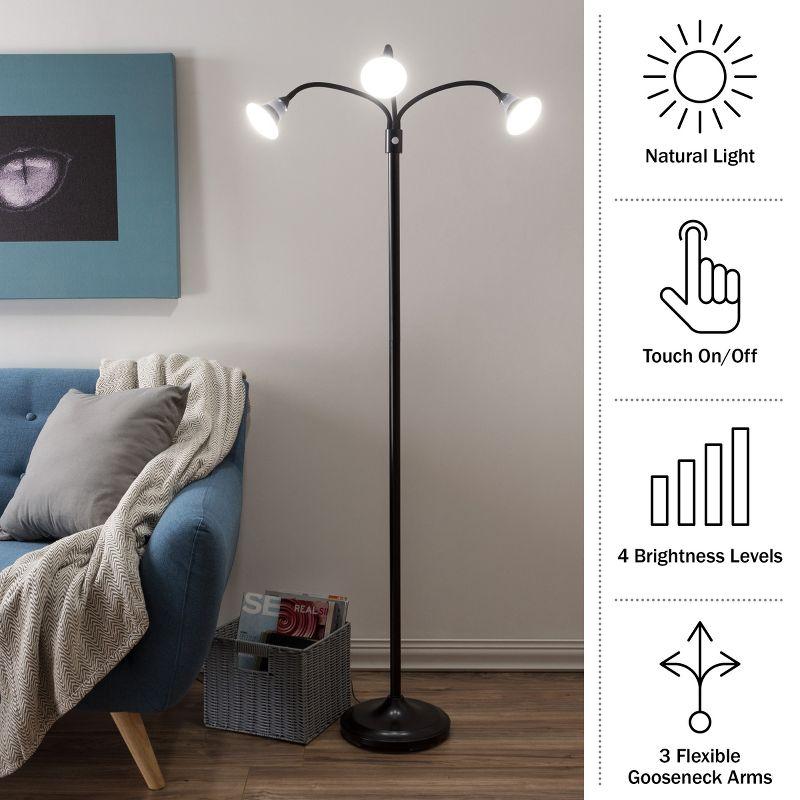 Hastings Home 3 Head LED Floor Lamp With Adjustable Arms, Touch Switch and Dimmer – Black