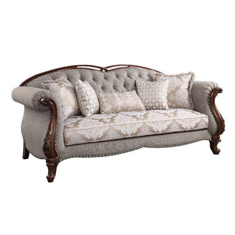 Cherry Finish 90'' Tufted Fabric Sofa with Nailhead Detail