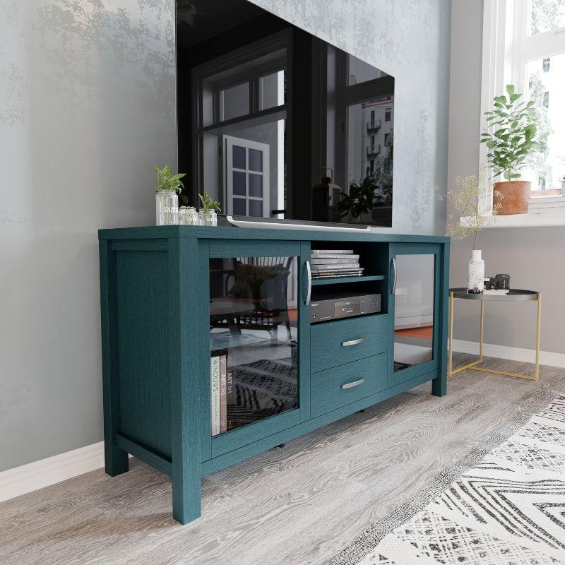 Teal Engineered Wood Buffet Sideboard with Glass Doors and Drawers