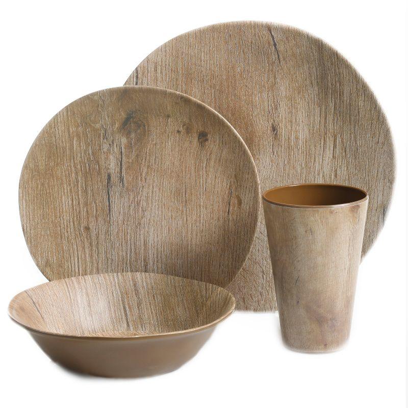 Woodgrain Brown Melamine Round Dinnerware Set, Service for 4