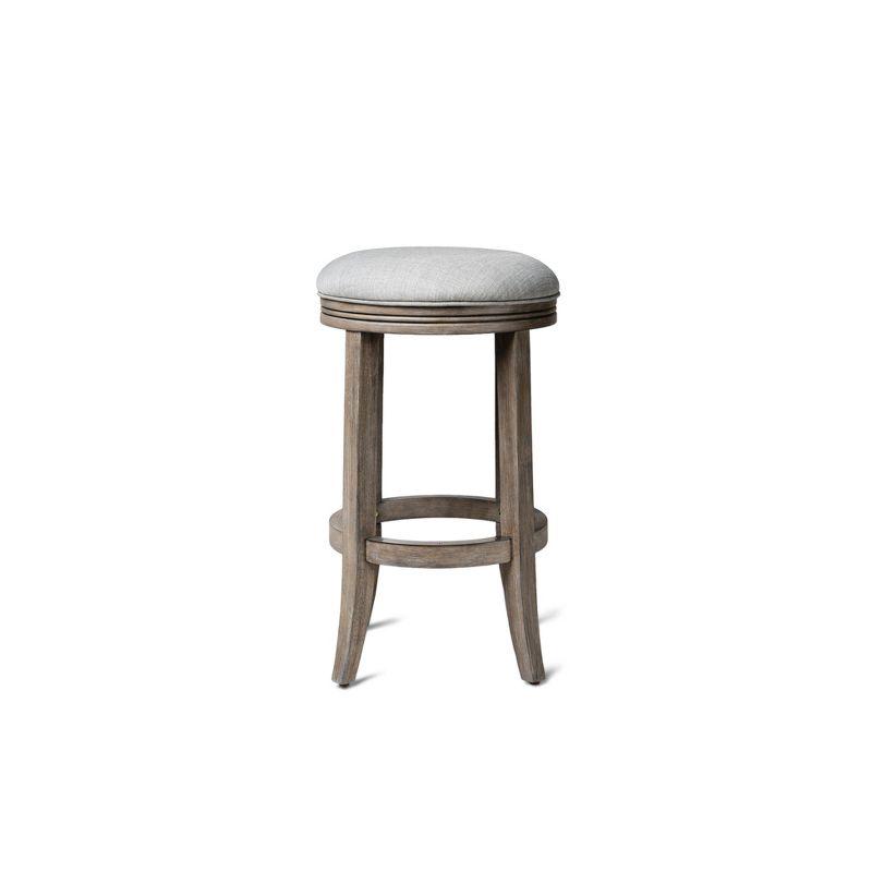 Maven Lane Eva Counter Stool in Reclaimed Oak Finish with Ash Grey Fabric Upholstery