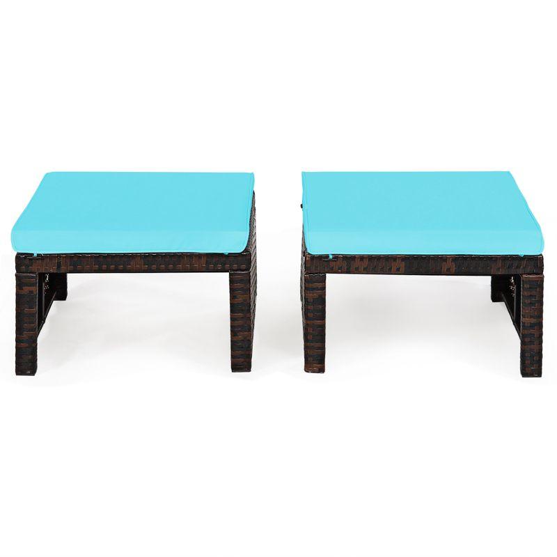 Tangkula 2 PCS Outdoor Wicker Ottoman Patio Rattan Furniture Metal Footrest Seat Square Footstool with Cushion Turquoise