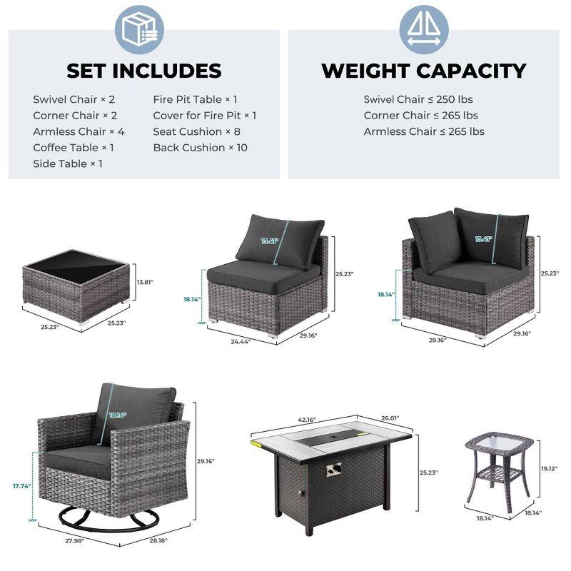 Ovios Venice 11pc Wicker Outdoor Patio Furniture Set Conversation Sofa with a Metal Fire Pit Swivel Chairs and Dark Gray Cushions