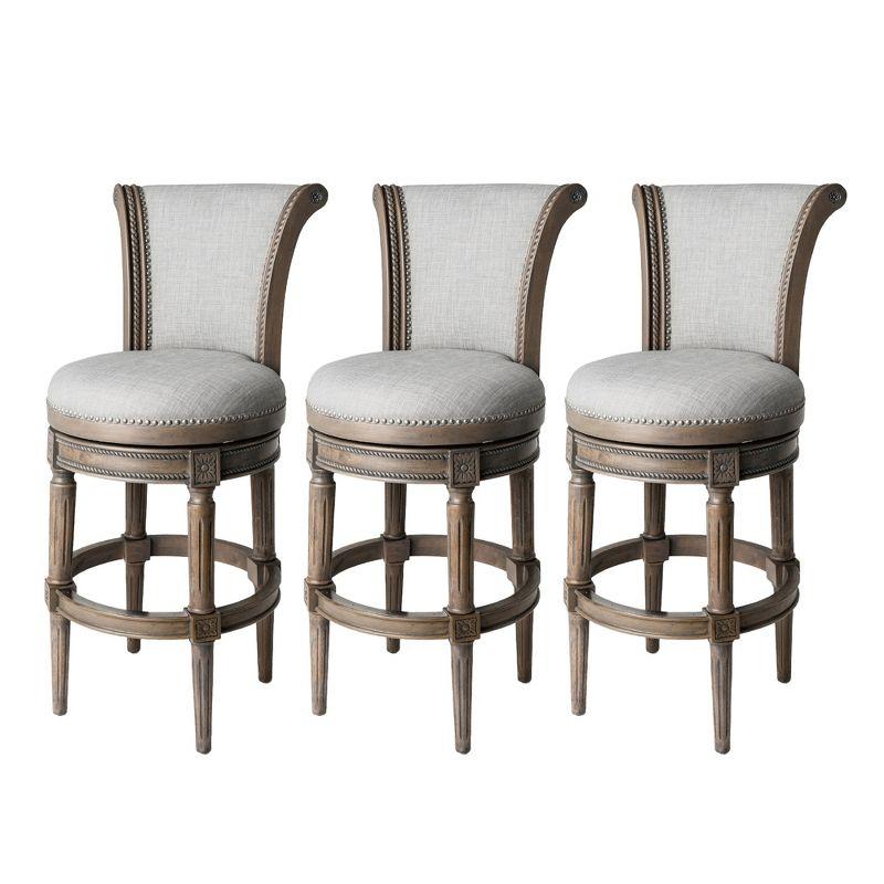 Maven Lane Pullman 31 Inch Tall Bar Height Upholstered Barstool with Back in Reclaimed Oak Finish with Ash Grey Fabric Cushion Seat, Set of 3