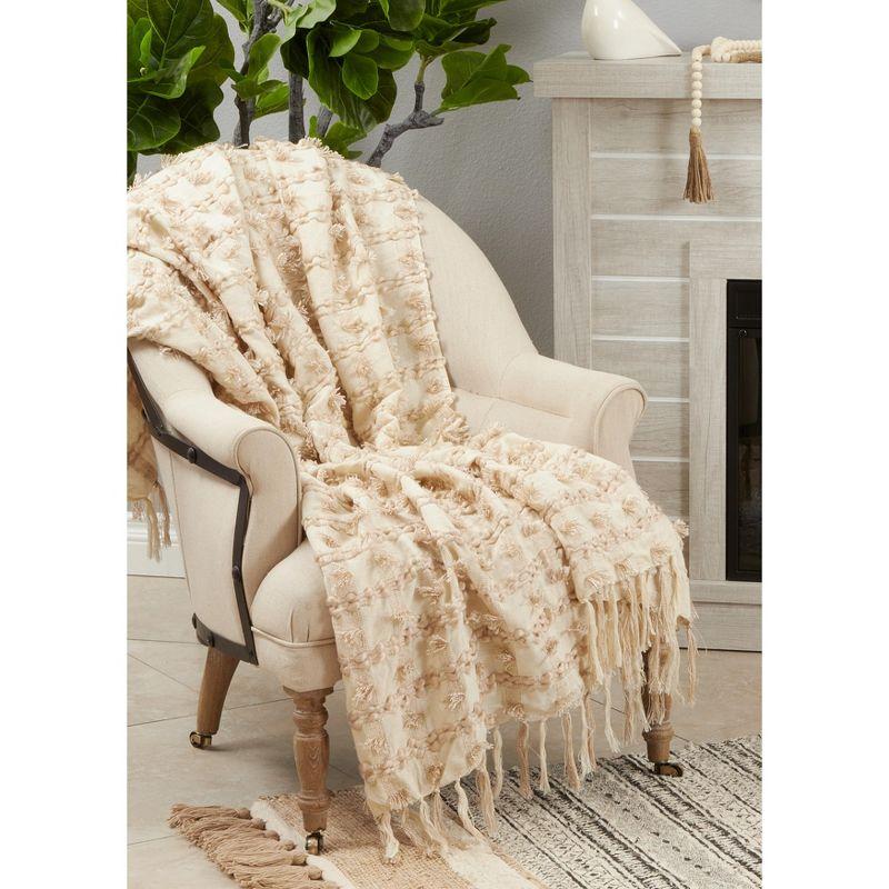 Beige Cotton Fringe Striped Throw Blanket