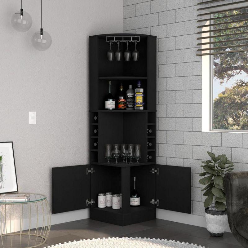 Depot E-Shop Corner Bar Cabinet, Double Door Cabinet, Glass Rack, Eight Built-in Wine Rack