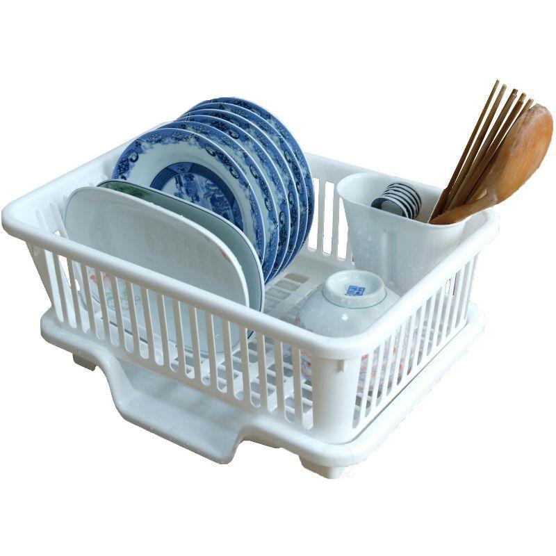 Basicwise Heavy Duty 2-Piece Plastic Dish Drying Rack Set in White - Includes Large Dish Drainer, Attached Drainboard, and Utensil Cup Holders for Home Kitchen Countertop Organization