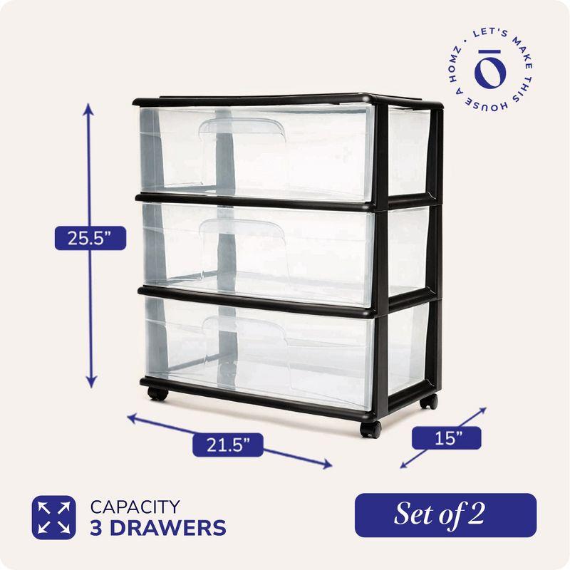 Homz Homz Tall Solid Plastic 3 Drawer Storage Cart with Wheels (Set of 2)