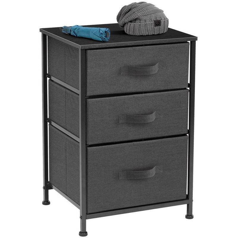 Compact Black 3-Drawer Nightstand with Steel Frame and Wood Top