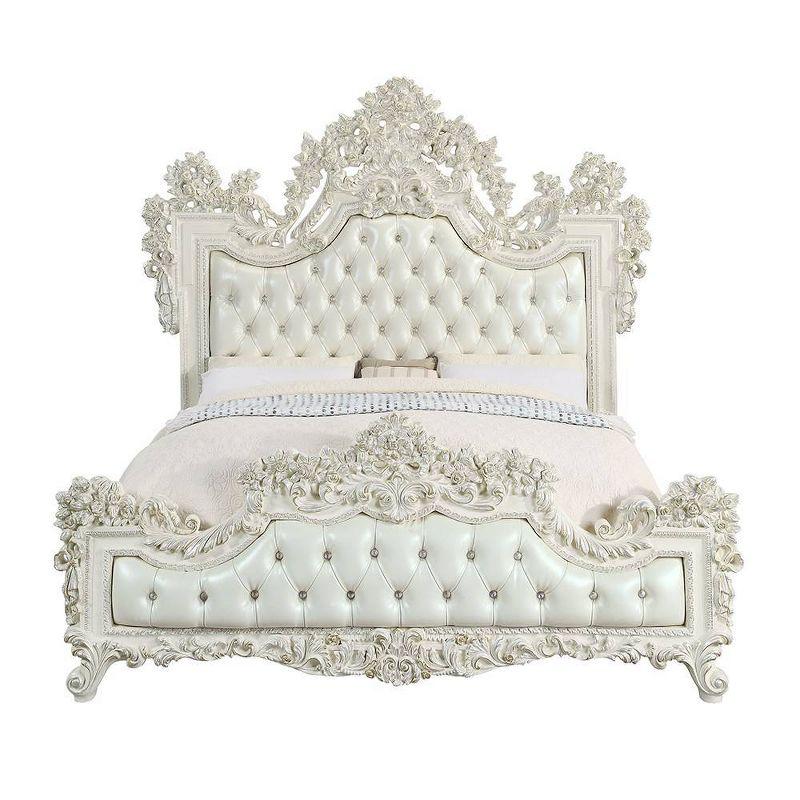 Acme Furniture: 90" Eastern King Bed Adara Bed White Synthetic Leather and Antique White Finish Victorian Style, Tufted Headboard