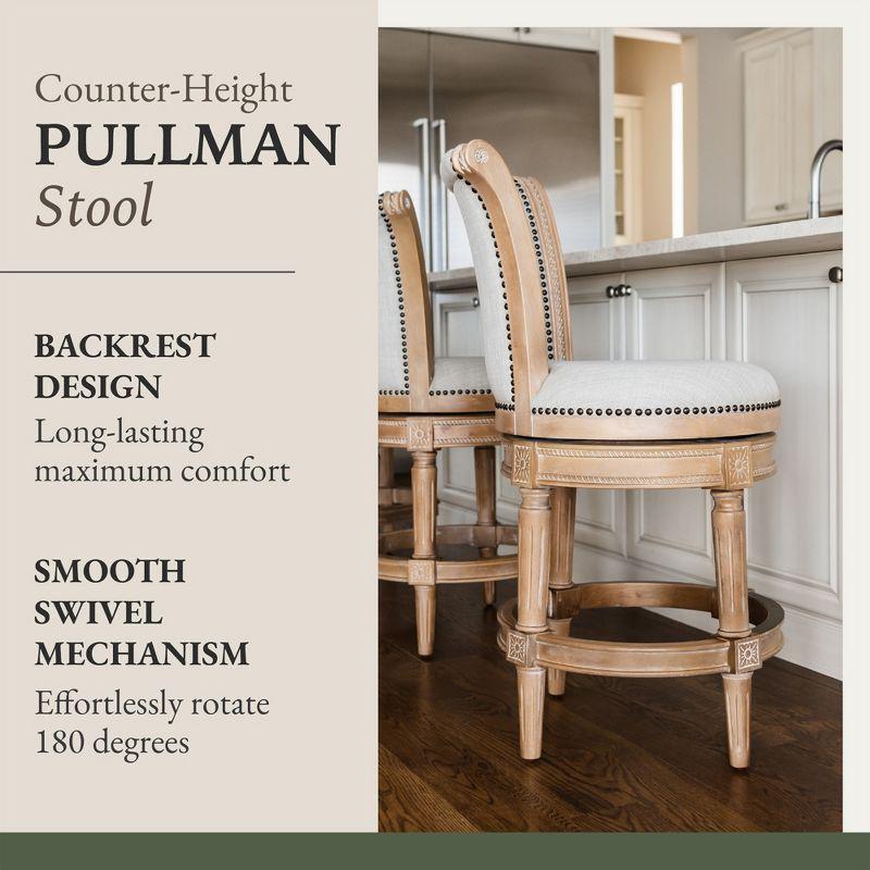 Maven Lane Pullman 26 Inch Tall Counter Height Upholstered Barstool with Back in Weathered Oak Finish with Sand Color Fabric Cushion Seat, Set of 2