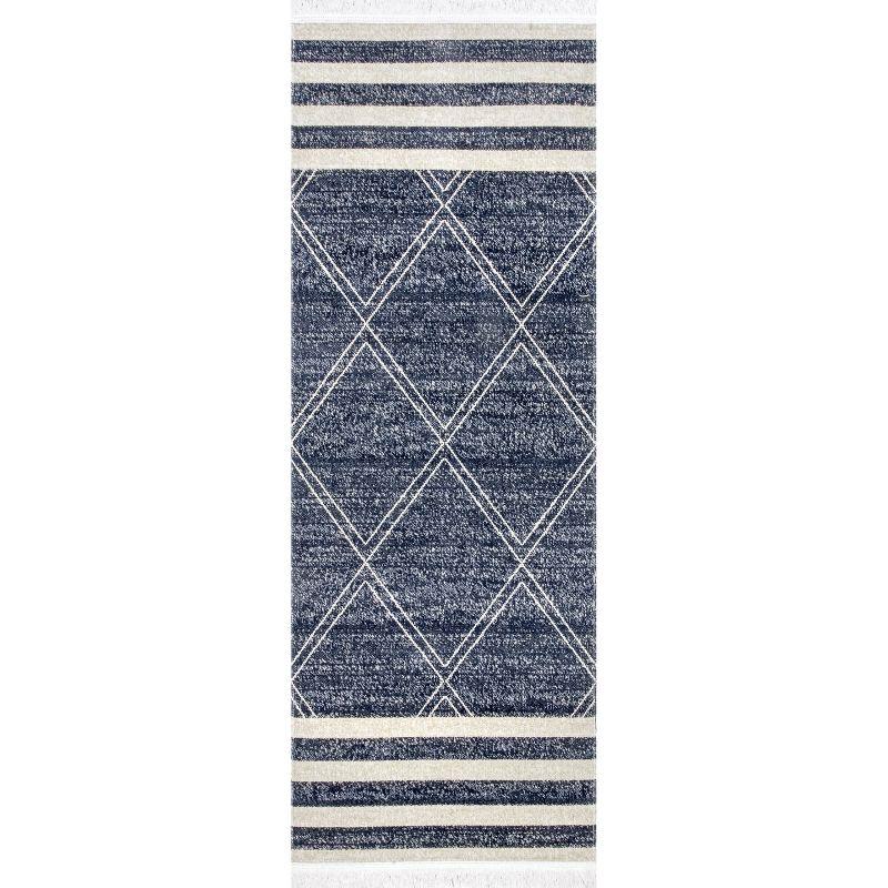 Blue and Beige Striped Synthetic Indoor/Outdoor Runner Rug