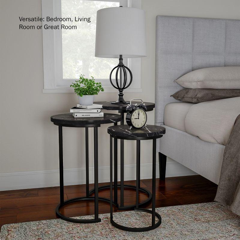 Hasting Home Set of 3 Round Living Room End Tables – Modern Faux Marble Top and Black Metal Base Nesting Tables or Nightstands